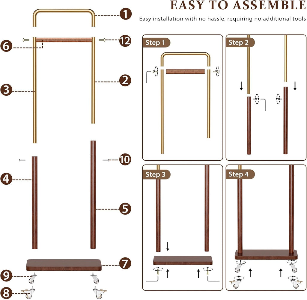 Taitiy Clothes Rack Solid Wood Coat Rack, Metal and Solid Wood Combination Clothing Rack with Wheels for Entryway, Bedroom, Living Room, Coat Racks Freestanding for Hanging Clothes Garment Scarf