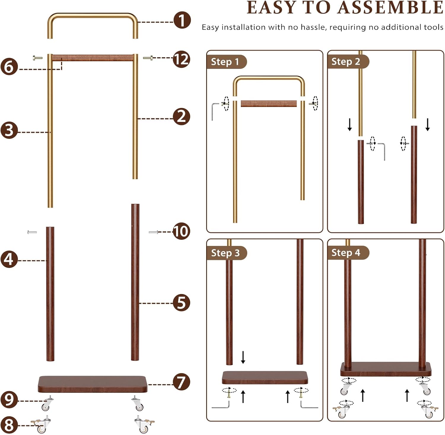 Taitiy Clothes Rack Solid Wood Coat Rack, Metal and Solid Wood Combination Clothing Rack with Wheels for Entryway, Bedroom, Living Room, Coat Racks Freestanding for Hanging Clothes Garment Scarf