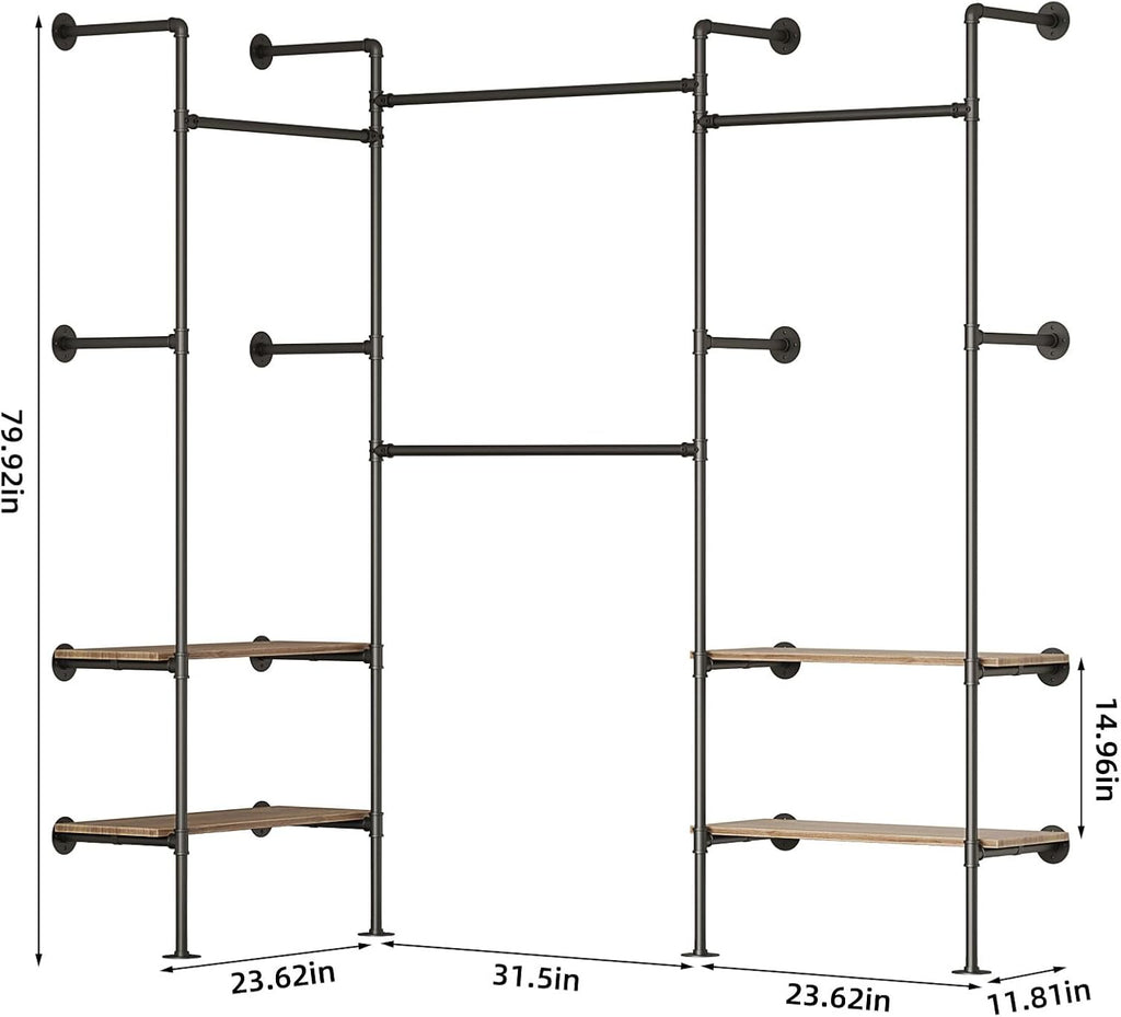 Industrial Pipe Clothing Rack, Wall Mounted Clothes Rack for Hanging Clothes, Retail Display Rack with Shelves, Add Corner installation Method (Black, III-2Tier)