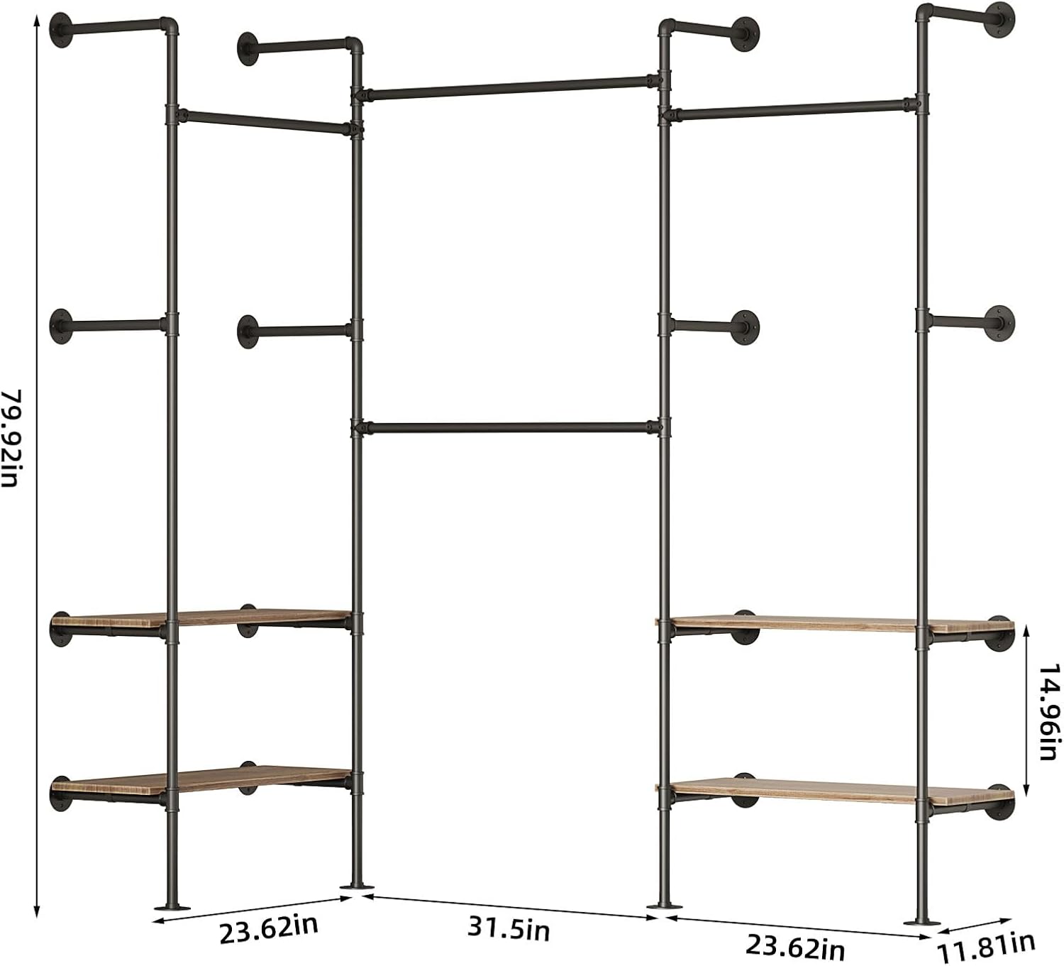 Industrial Pipe Clothing Rack, Wall Mounted Clothes Rack for Hanging Clothes, Retail Display Rack with Shelves, Add Corner installation Method (Black, III-2Tier)