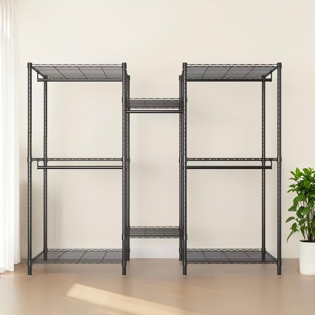 Heavy Duty Garment Rack, Freestanding Closet Organizer, Portable Wardrobe Clothes Rack, Adjustable Wire Shelving Clothes Rack with 8 Adjustable Wire Shelves and 5 Clothes Rails, Black (Without Hook)