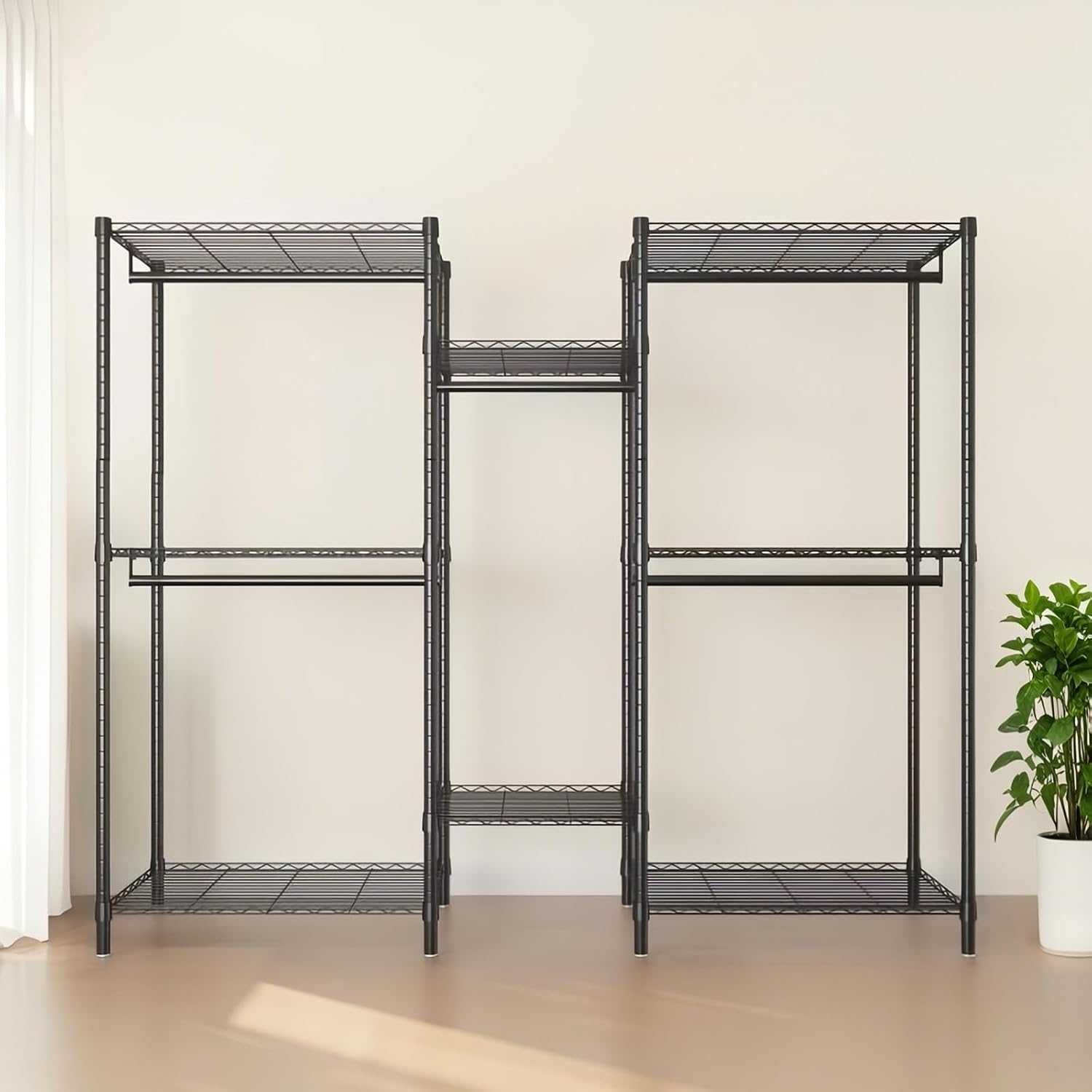 Heavy Duty Garment Rack, Freestanding Closet Organizer, Portable Wardrobe Clothes Rack, Adjustable Wire Shelving Clothes Rack with 8 Adjustable Wire Shelves and 5 Clothes Rails, Black (Without Hook)