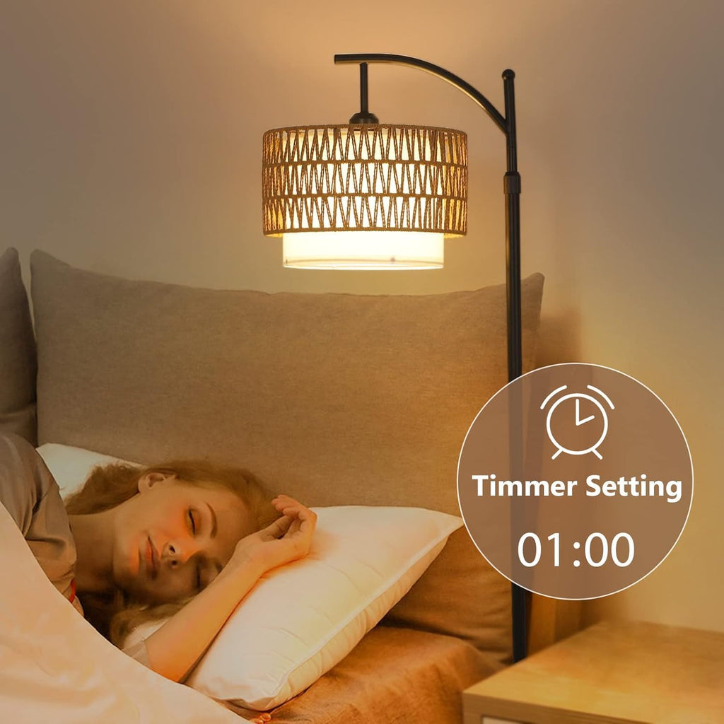 Arc Floor Lamp for Living Room with 3 Color Temperatures, Floor Lamps with Remote Dimmable Bulb, Boho Standing Lamp with Rattan Fabric Shades, Adjustable Tall Lamp for Bedroom, Office