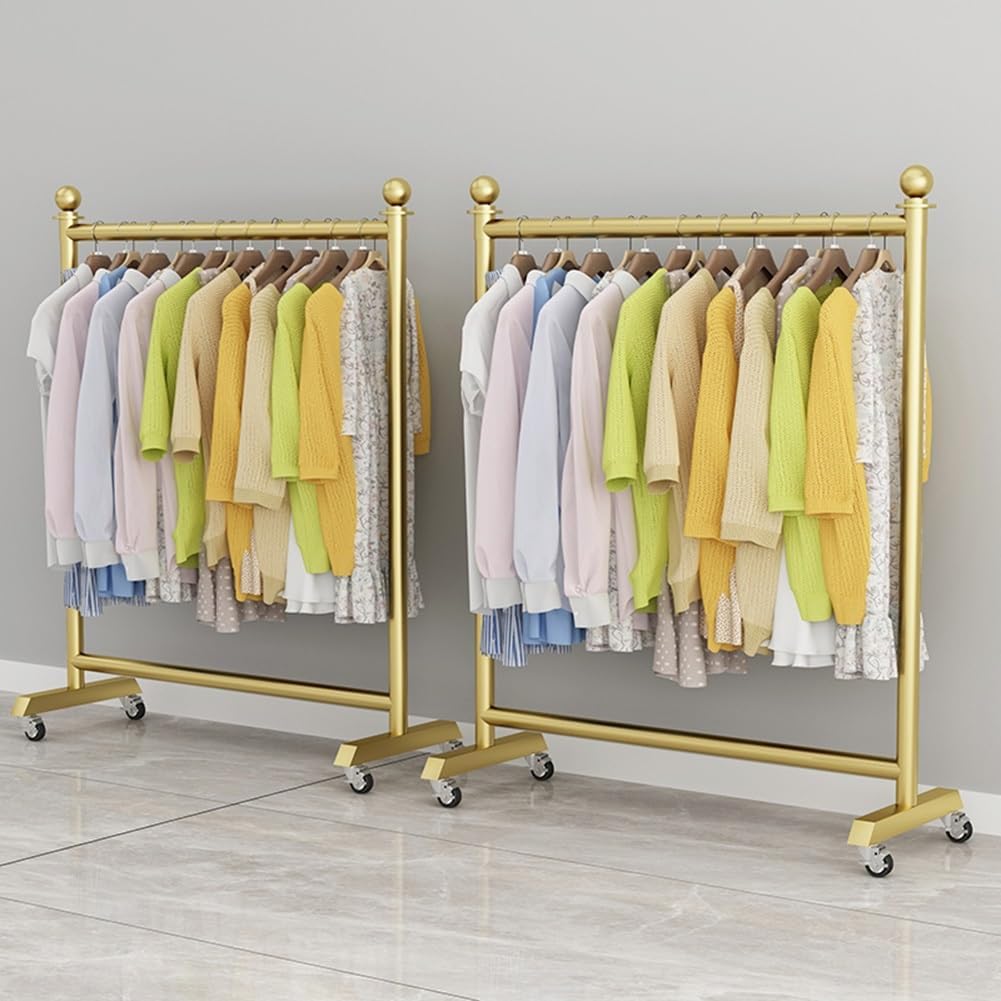 Rolling Clothes Rack on Wheels, Heavy Duty Iron Pipe Garment Rack 132lbs Load Capacity, Clothing Organizer for Hanging Clothes, Golden (Color : Gold, Size : 100x40x135cm)