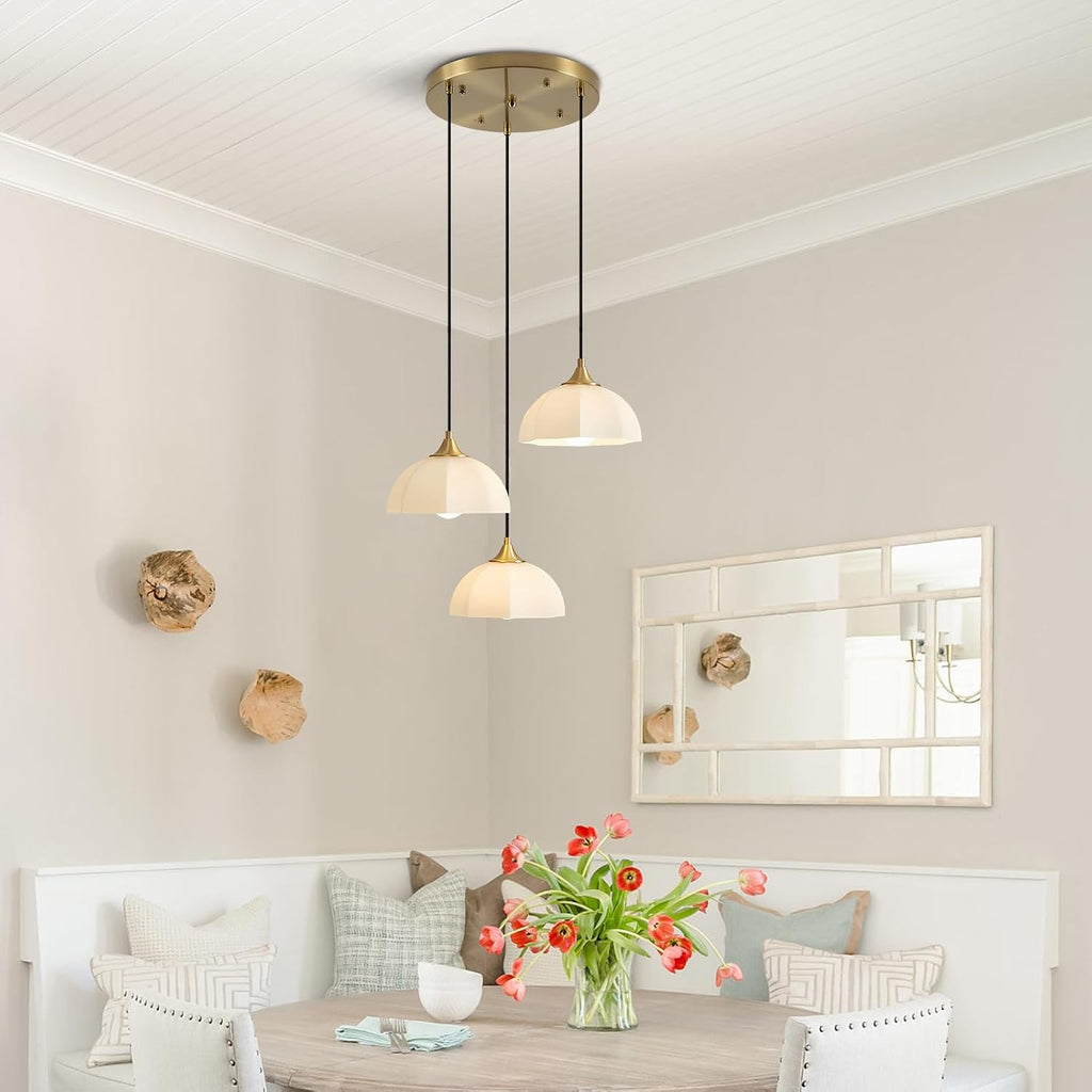 3 Lihgt Minimalist Style Ceiling Hanging Lamp 7.8' White Dome Glass Lampshade Brass Finish Ceiling Light Nordic Retro Pendant Light for Kitchen Island Bedroom Bedside