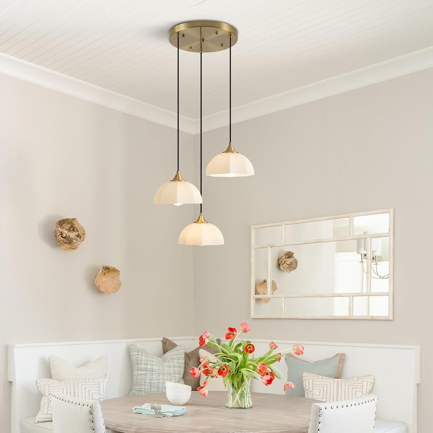 3 Lihgt Minimalist Style Ceiling Hanging Lamp 7.8' White Dome Glass Lampshade Brass Finish Ceiling Light Nordic Retro Pendant Light for Kitchen Island Bedroom Bedside