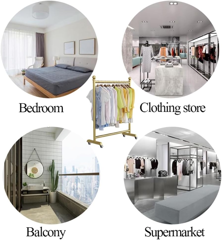 Rolling Clothes Rack on Wheels, Heavy Duty Iron Pipe Garment Rack 132lbs Load Capacity, Clothing Organizer for Hanging Clothes, Golden (Color : Gold, Size : 100x40x135cm)