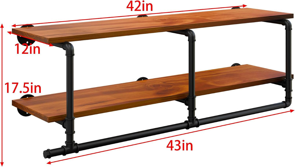 Wall Mounted Clothes Rack 12 Inch Deep, 42 Inch Heavy Duty Garment Rack with Real Walnut Wood Shelf, Multi-Purpose Hanging Rod & Space-Saving Closet Storage Organizer