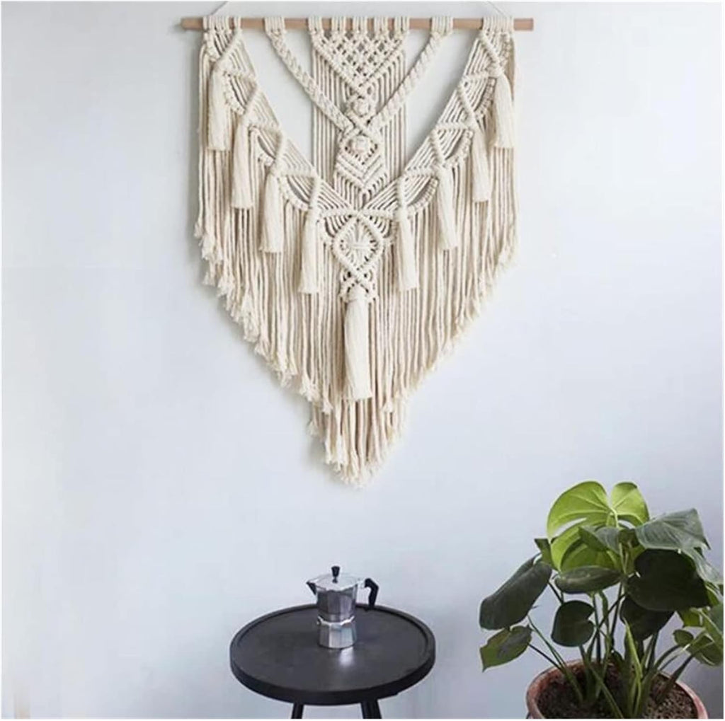 Tapestry Macrame Wall Hanging Tapestry Handmade Cotton Bohemian Hand-Woven Tapestry Home Bedroom Decoration (Beige 55x70cm)