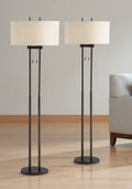 Franklin Iron Works Roscoe Modern 62' Tall Standing Floor Lamps Set of 2 Lights Twin Pole Pull Chain Brown Roman Bronze Finish Living Room Bedroom House Reading Office Home Decor Entryway Dining