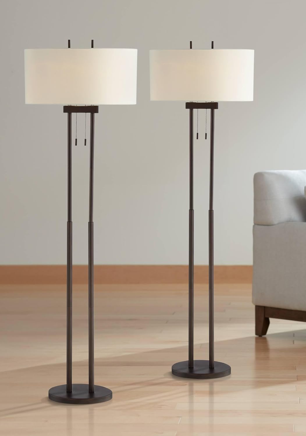 Franklin Iron Works Roscoe Modern 62' Tall Standing Floor Lamps Set of 2 Lights Twin Pole Pull Chain Brown Roman Bronze Finish Living Room Bedroom House Reading Office Home Decor Entryway Dining