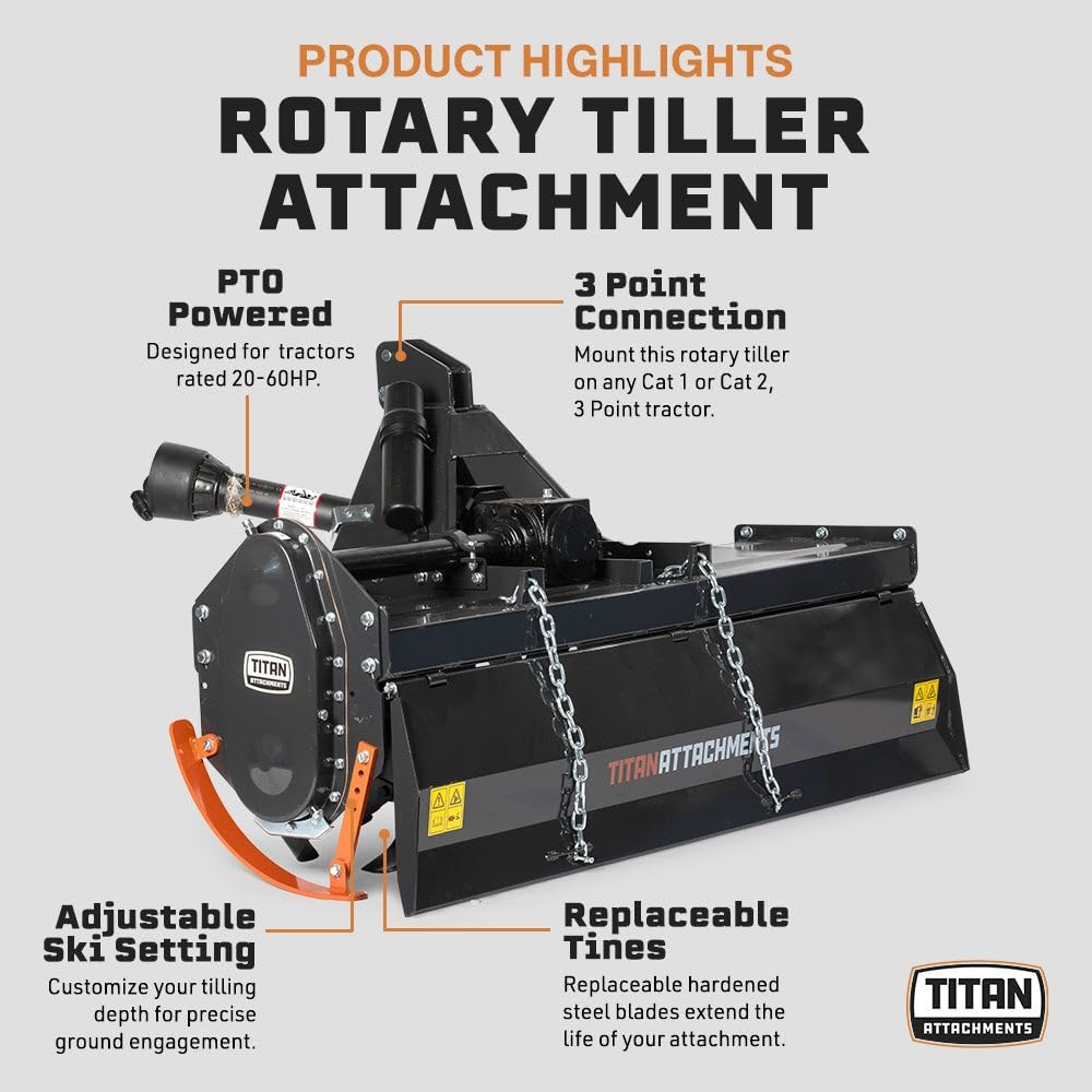 Titan Attachments Pro Series 3 Point Rotary Tiller, 72' Cutting Width, Fits Cat 1 & Cat 2 Tractors 25-65 HP Rototiller, 8' Digging Depth, PTO Driven Cultivator