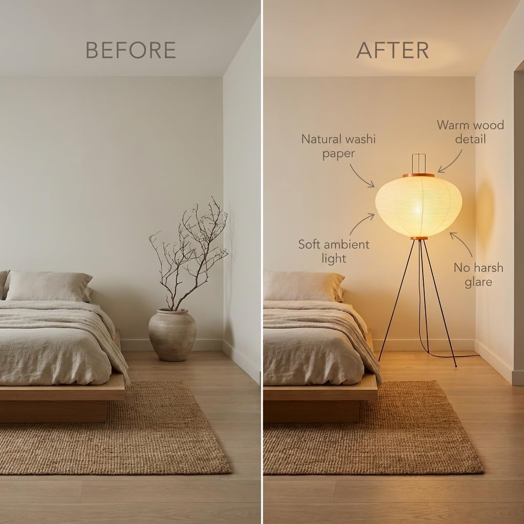 Nogy Noguchi Japanese Rice Paper Floor Lamp • 3000K Akari Standing Light for Living Room Bedroom, Modern Paper Lamp Design, Warm White Ambiance Lighting