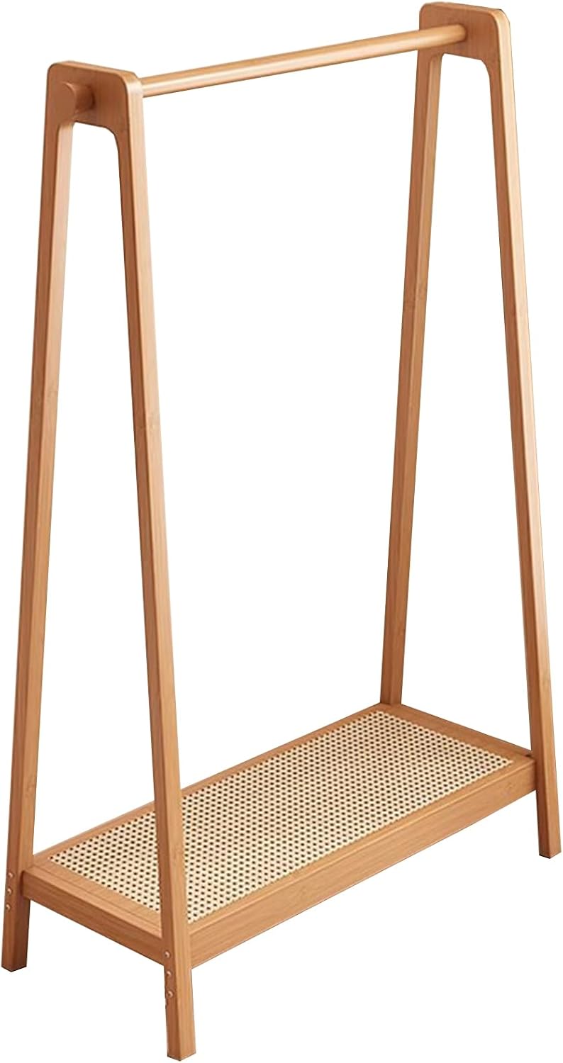 Bamboo Clothing Rack - Freestanding Garment Rack with Shelves & 2 Hooks, Large Capacity Coat Rack for Bedrooms, Easy Assembly, Stylish Wood Color (75x36x154CM)