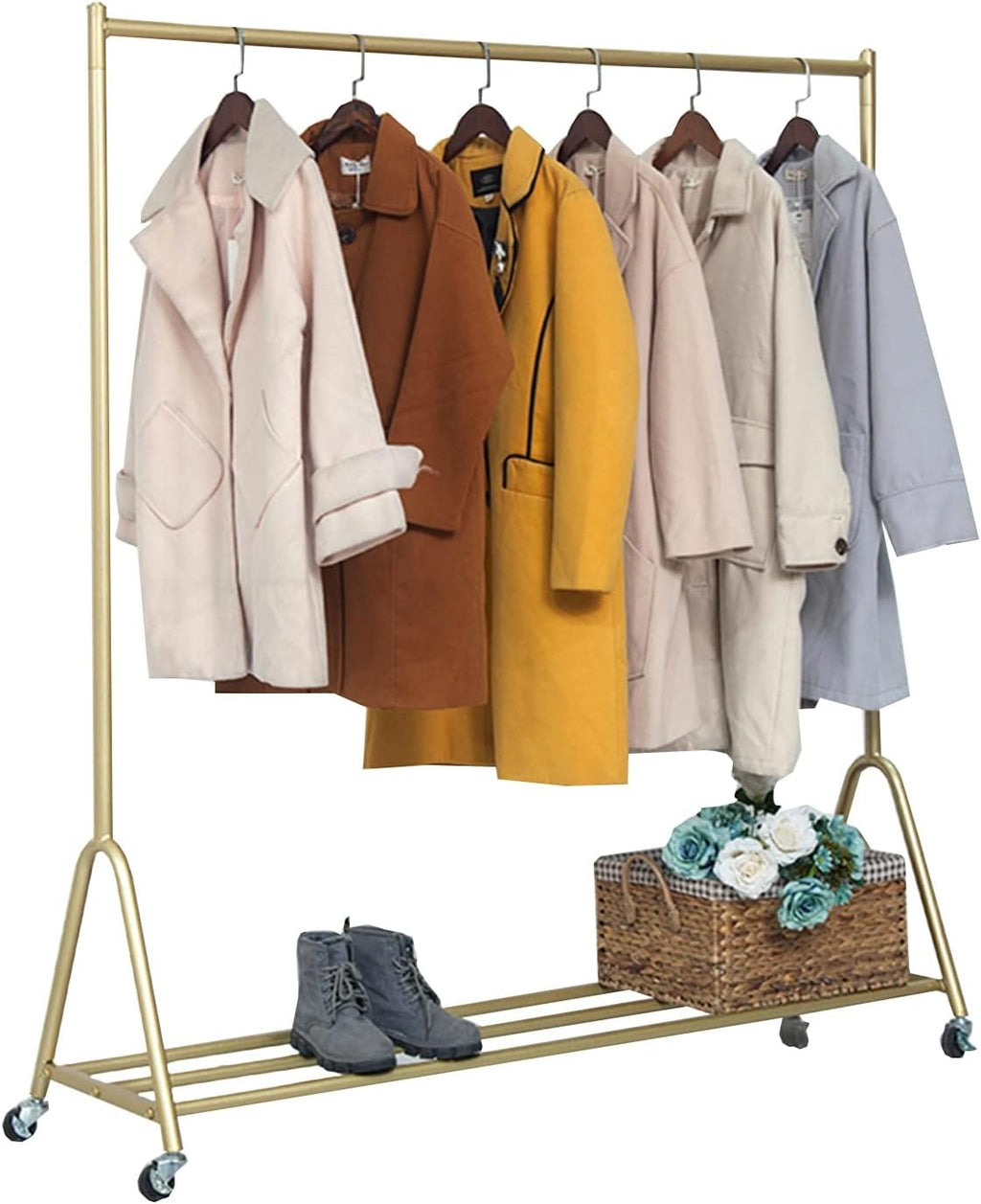 Modern Clothing Rack On Wheels,Heavy Duty Metal Garment Rack for Hanging Clothes,Gold Display Rack for Boutique Retail and Bedroom,Easy Assemble