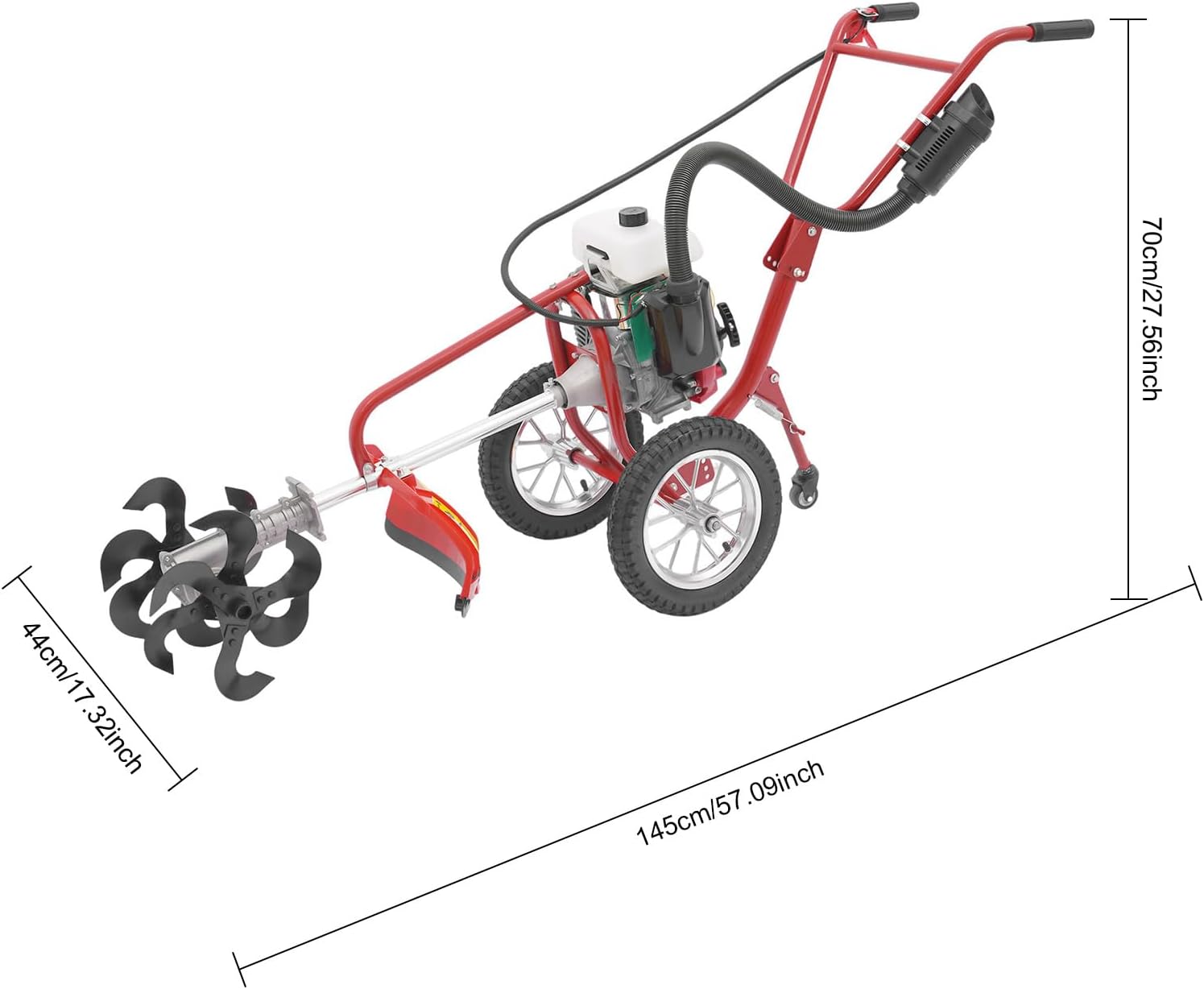 63CC 4-Stroke Gas Powered Tiller Cultivator, 3in1 Hand Push Lawn Mower Trimmer, Hand Push Micro Cultivator Lawn Mower, 4HP Gas Brush Cutter String Trimmer for Mowing, Tilling, and Trenching