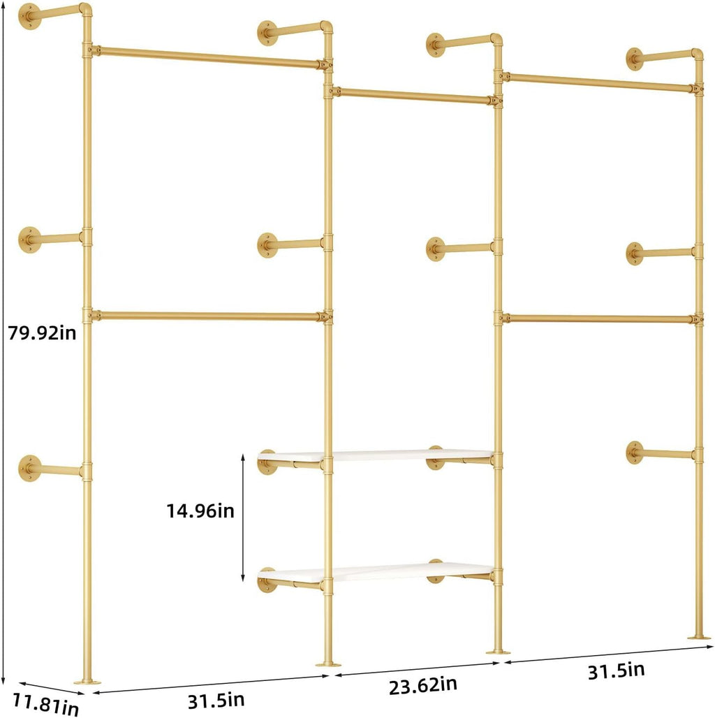 Industrial Pipe Clothes Rack,Wall Mounted Closet Wardrobe Rack, Corner L Shaped Walk-in Closet System, 2 Installation Methods (Gold, 80' H x 86' W)
