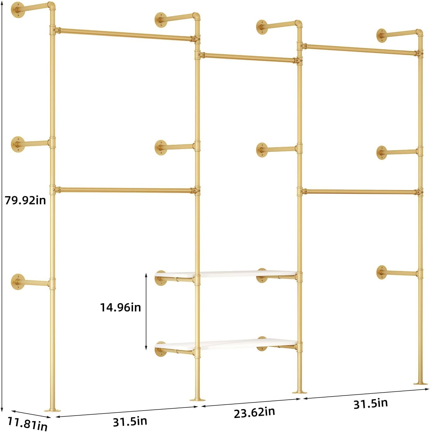 Industrial Pipe Clothes Rack,Wall Mounted Closet Wardrobe Rack, Corner L Shaped Walk-in Closet System, 2 Installation Methods (Gold, 80' H x 86' W)