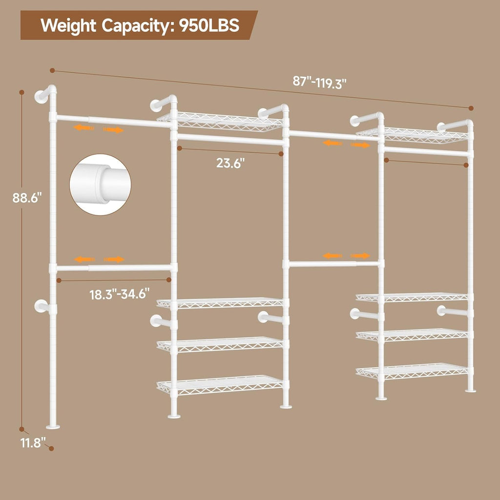 ComfyCorner Wall Mounted Garment Rack, Industrial Pipe Metal Clothing Rack with 6 Hanging Rods (4 Expandable) & 8 Shelves, Closet Organizers and Storage System for Bedroom, Walk in Closet