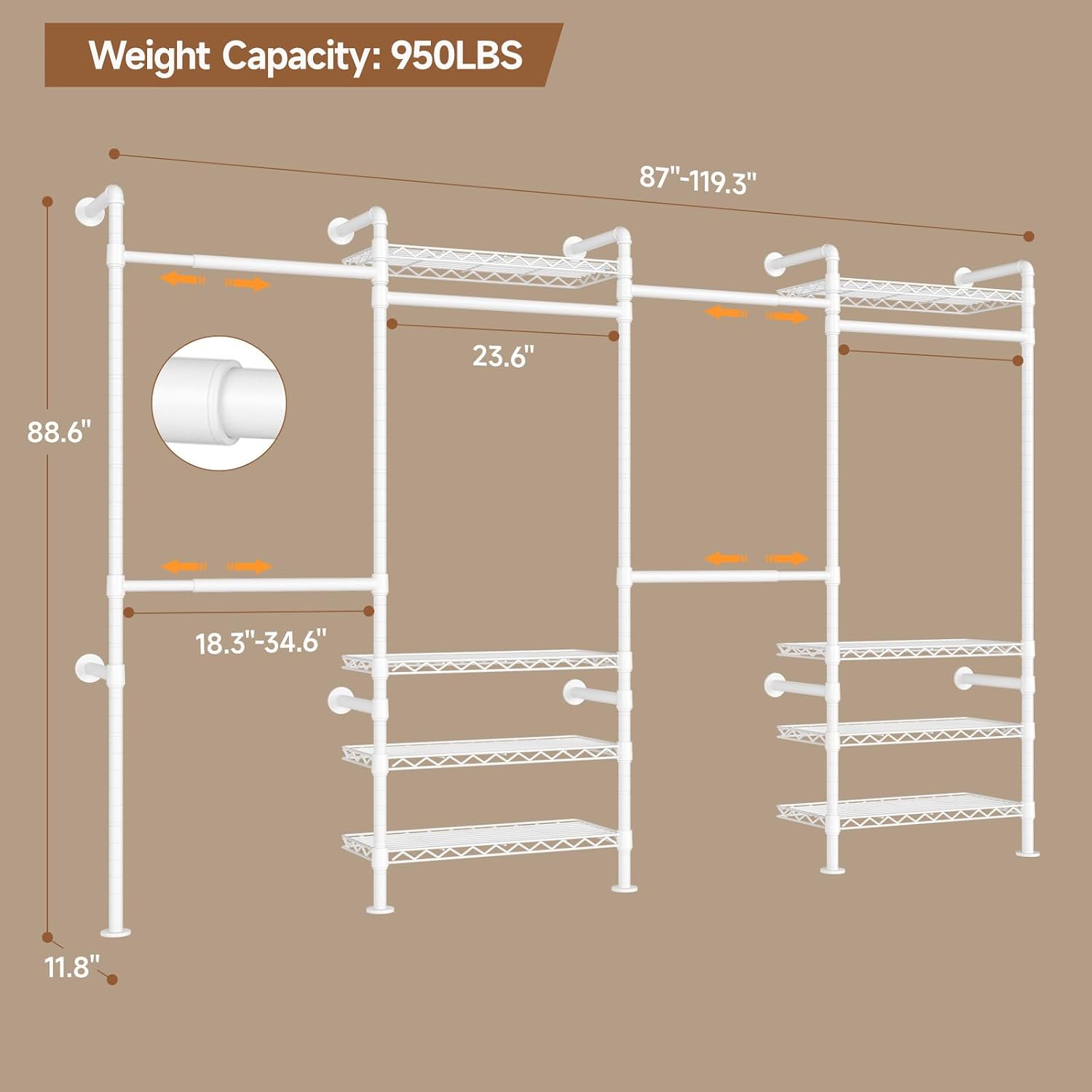 ComfyCorner Wall Mounted Garment Rack, Industrial Pipe Metal Clothing Rack with 6 Hanging Rods (4 Expandable) & 8 Shelves, Closet Organizers and Storage System for Bedroom, Walk in Closet