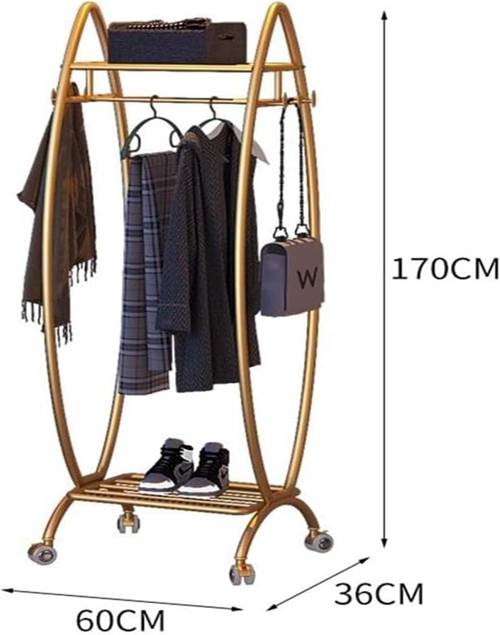 Heavy Duty Clothes Rack with Shelves, 3-in-1 Entryway Coat & Shoe Rack Metal Garment Rack for Hanging Clothes Easy Movement and Organization for Boutique, Retail Or HOM, Gold-b-60X36X170CM