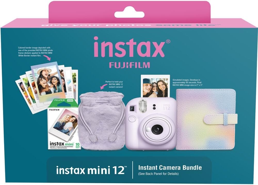 Fujifilm INSTAX MINI 12 Instant Film Holiday Camera Bundle (Lilac Purple) with Instax Mini Film (10 exposures) + Four AA Batteries & Cleaning Cloth (9 Items)