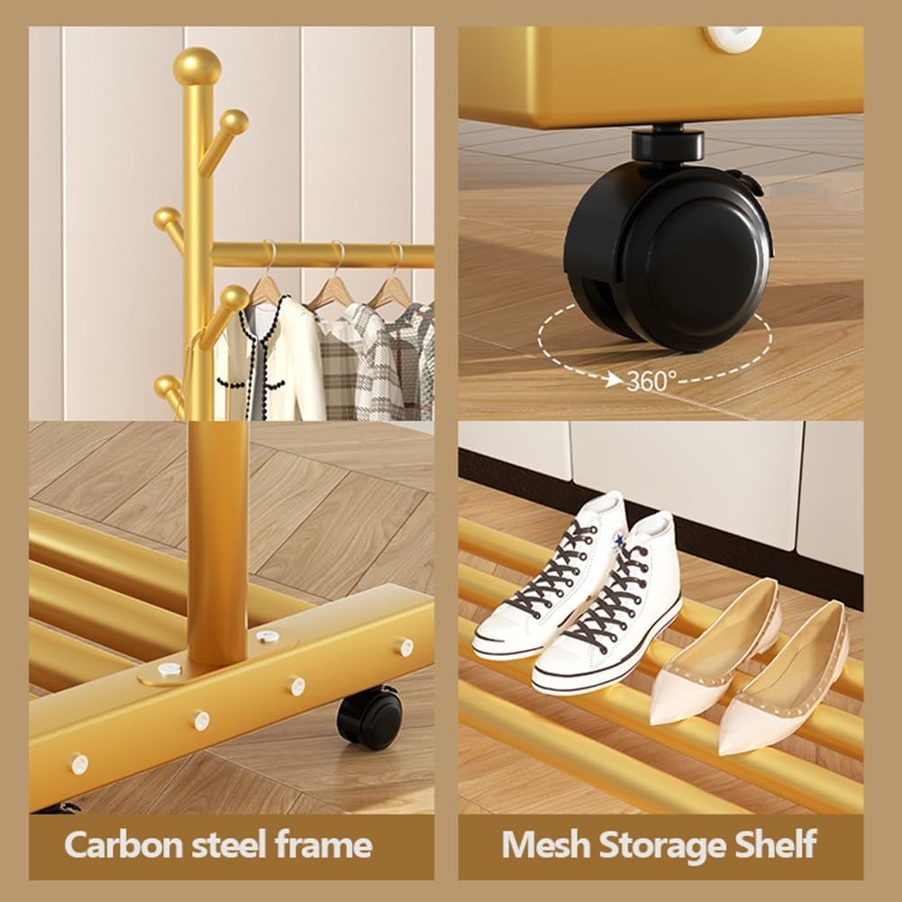 Narrow Clothes Rack with Wheels, Rolling Garment Rack for Hanging Clothes, Clothing Organizer with Side Hooks and Bottom Storage Shelf, Gold (Color : Gold, Size : 60x38x154cm)