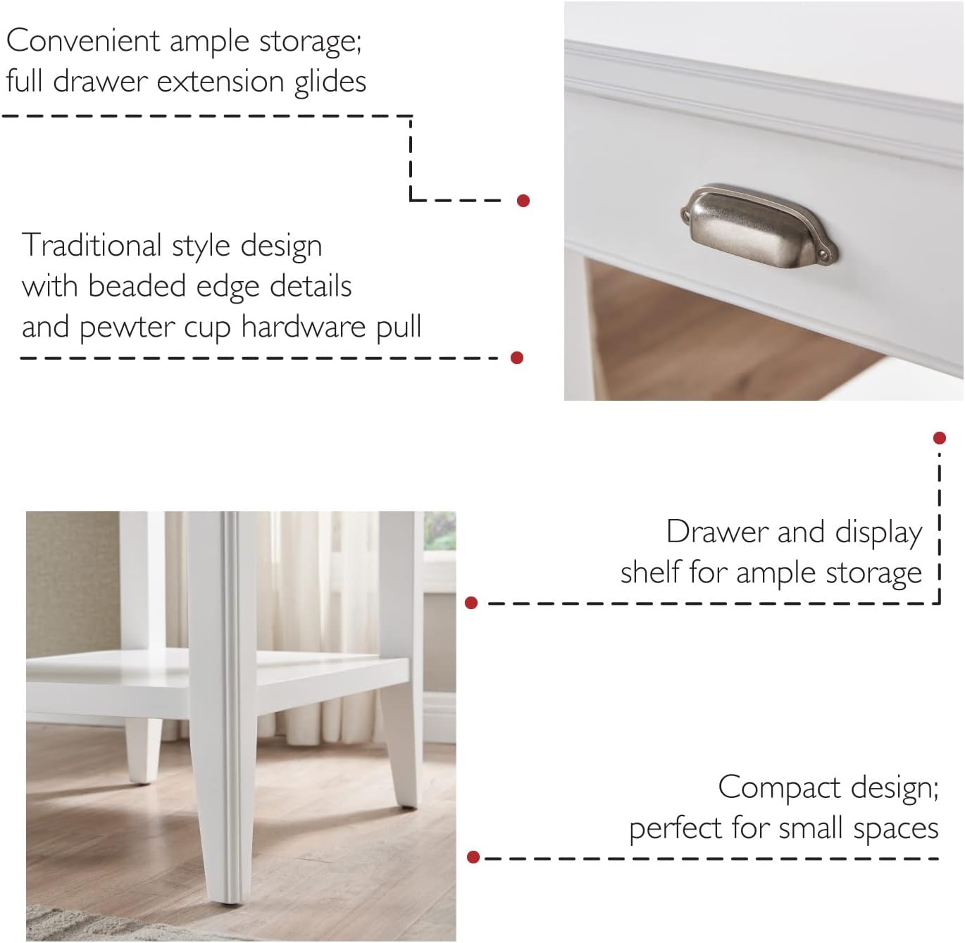Leick Home Laurent 20 in. Solid Wood End Table with Shelf and Drawer, White, 10507-WT