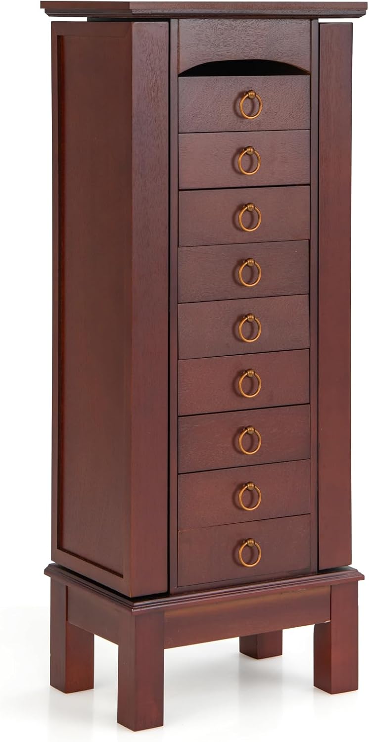 NAFORT Jewelry Armoire with Top Flip Vanity Mirror, Jewelry Cabinet with 9 Drawers and 2 Side Doors for Necklace, Large Storage Capacity Jewelry Organizer and Storage, Walnut