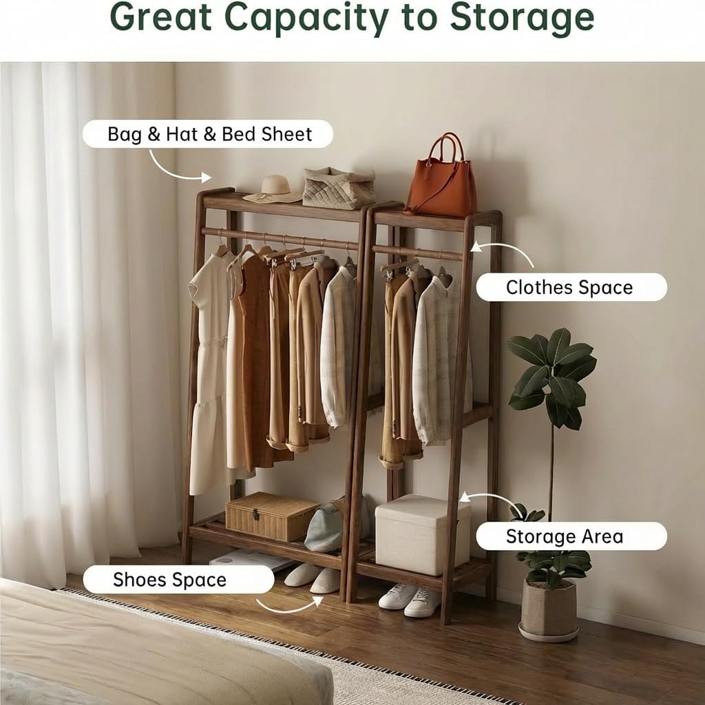 Solid Wood Clothes Rack, Clothing Rack with 2 Shelves Storage, Floor-Standing Coat Rack for Bedroom, Living Room, 16' x 20' x 63',Entryway,Walnut