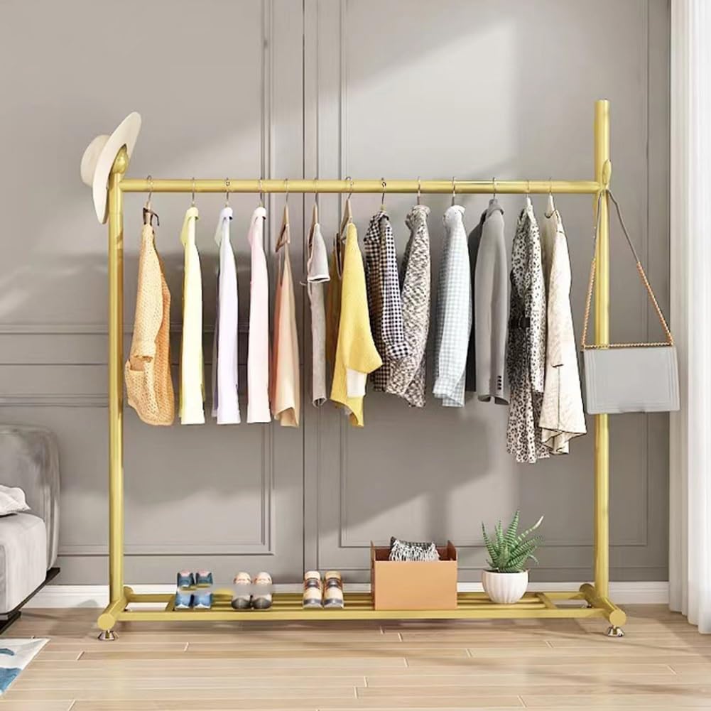 Freestanding Clothes Rack with Side Hooks and Storage Shelf, Heavy Duty Iron Pipe Garment Rack for Hanging Clothes, Clothes Organizer for Bedroom, Laundry Room, Height 158cm, Gold (Color : Gold, Siz