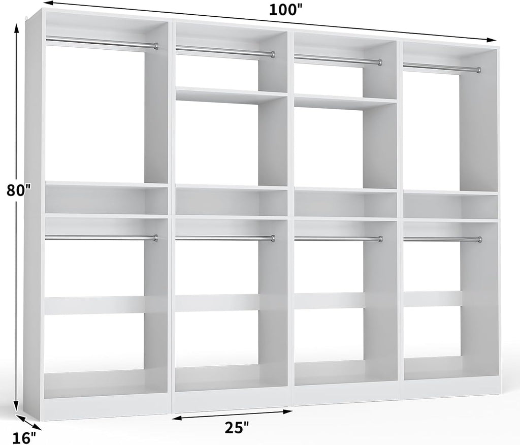 Unikito 100' Closet System, 8.3FT Wood Closet Storage Organizer with 8 Hanging Rods, Adjustable Large Walk in Wardrobe Closet Tower, Sturdy Clothes Garment Rack, Easy Assembly, Set of 4, White