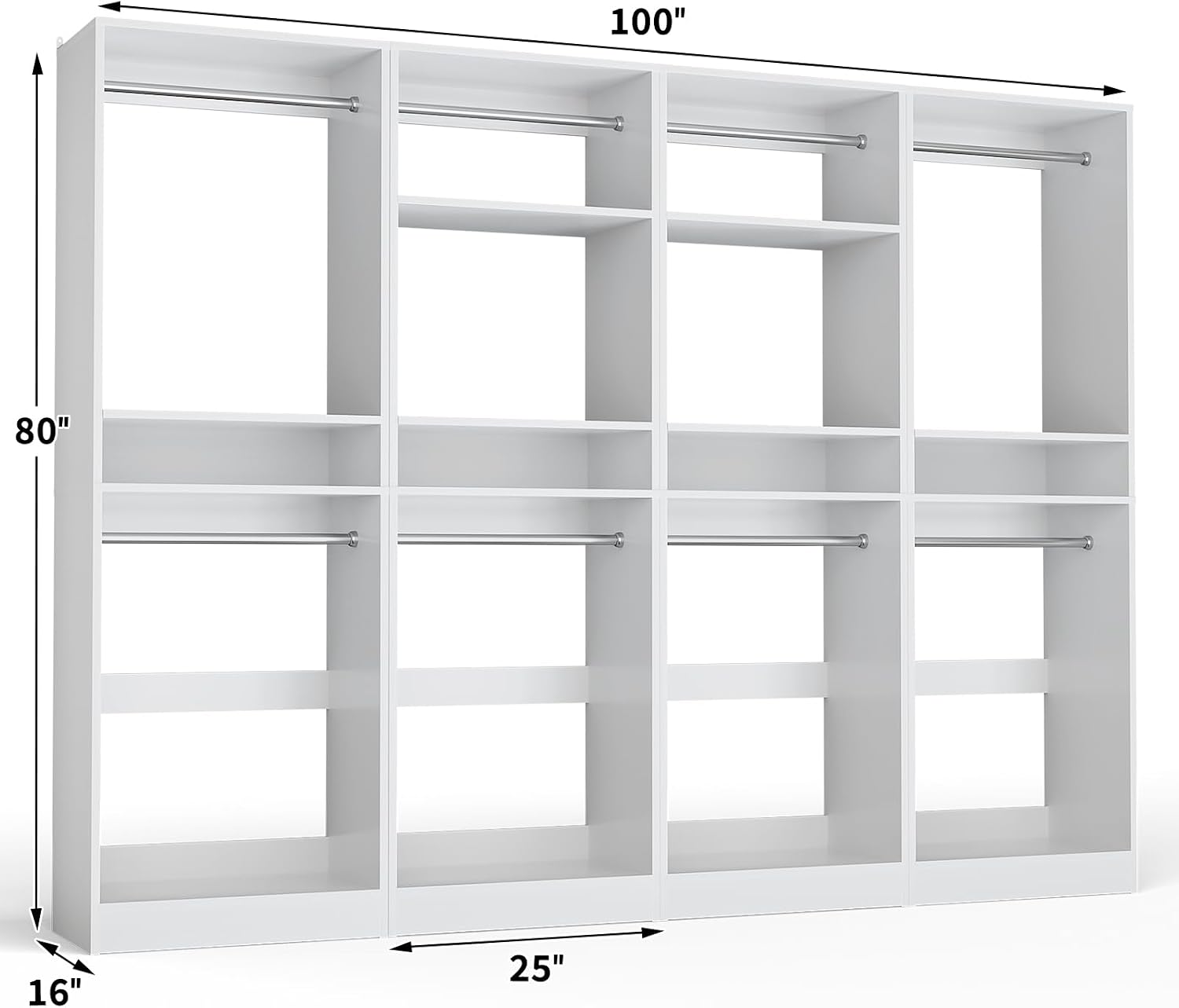 Unikito 100' Closet System, 8.3FT Wood Closet Storage Organizer with 8 Hanging Rods, Adjustable Large Walk in Wardrobe Closet Tower, Sturdy Clothes Garment Rack, Easy Assembly, Set of 4, White