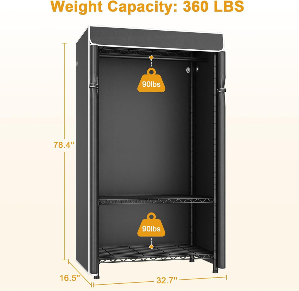LIFHOME H5C & H50C Clothes Rack with Cover, Portable Closet for Hanging Clothes, Covered Clothing Racks Heavy Duty, Freestanding Garment Racks with Shelves, Black Closet Rack with Black Cover