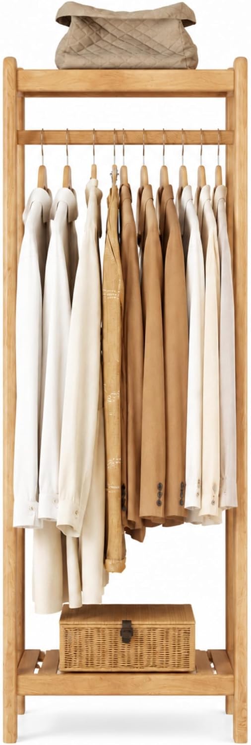 Solid Wood Clothes Rack, Clothing Rack with Shelves for Bedroom, Living Room, Entryway, 16' x 20' x 63', Oak Wood, Natural