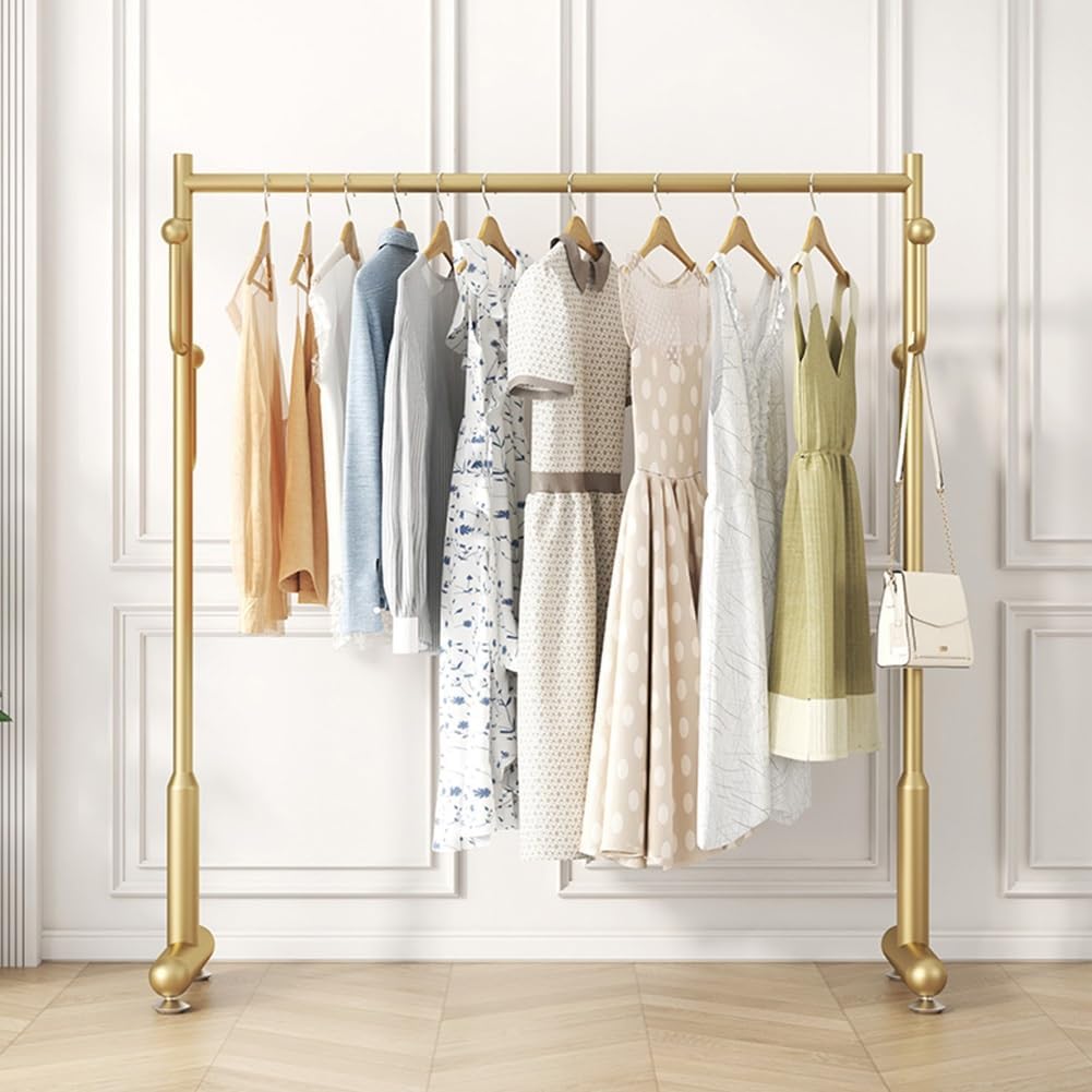 Freestanding Clothing Garment Rack for Hanging Clothes, Metal Clothes Organizer for Bedroom, Laundry Room, Single Rail with Side Hooks (Color : Gold, Size : 60x40x130cm)