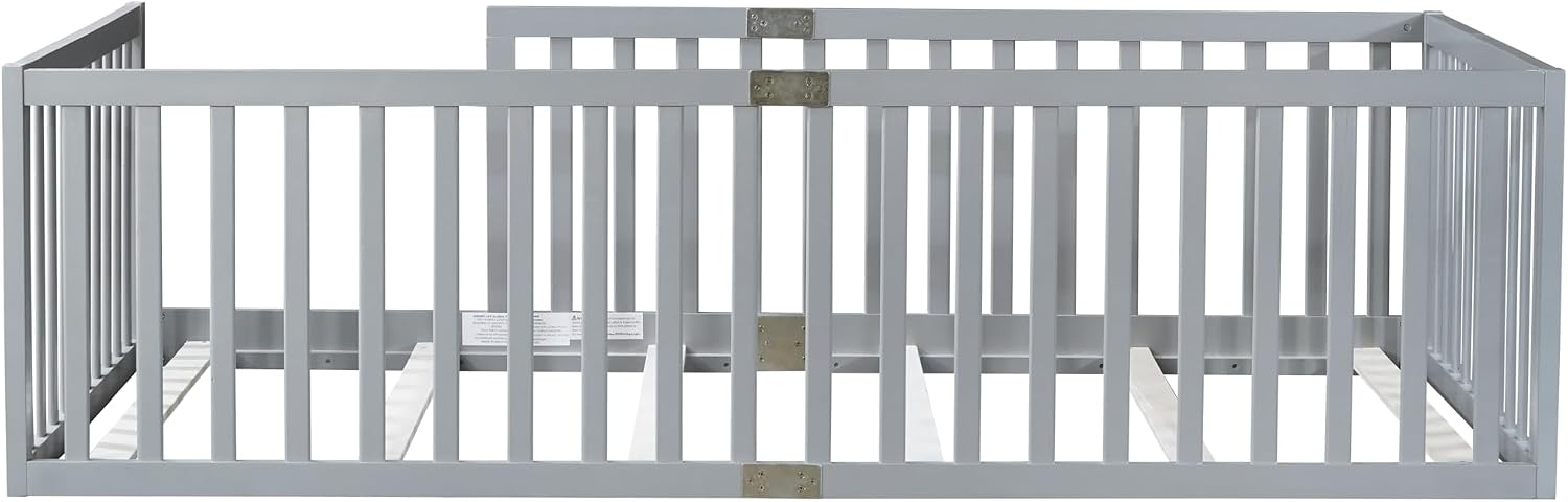 Twin Size Floor Bed with 21.5' High Rails, Solid Rubber Wood Montessori Bed Twin for Boys Girls, Low Profile Kids Beds Frame with 6 Slats, No Box Spring Needeed, Grey