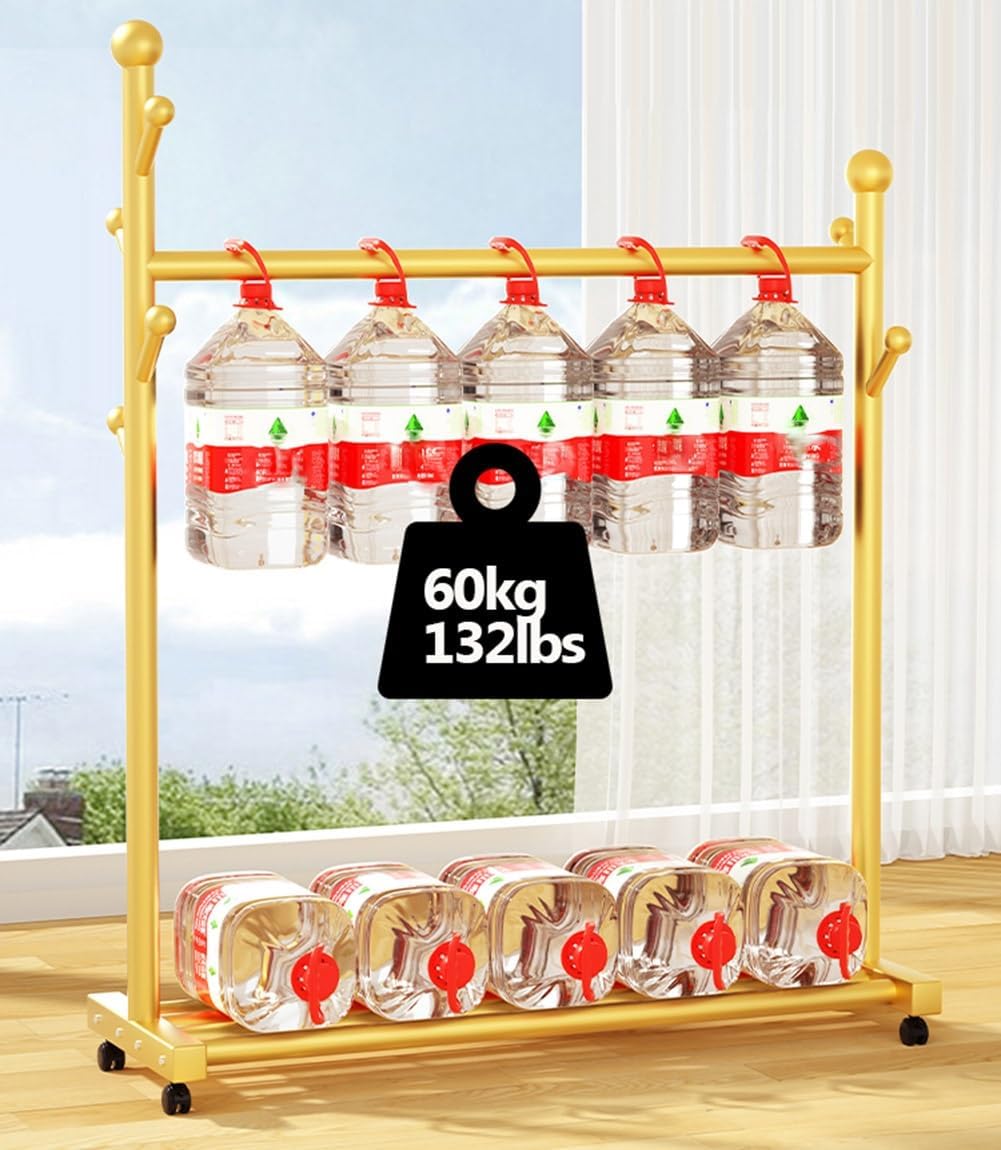 Narrow Clothes Rack with Wheels, Rolling Garment Rack for Hanging Clothes, Clothing Organizer with Side Hooks and Bottom Storage Shelf, Gold (Color : Gold, Size : 60x38x154cm)