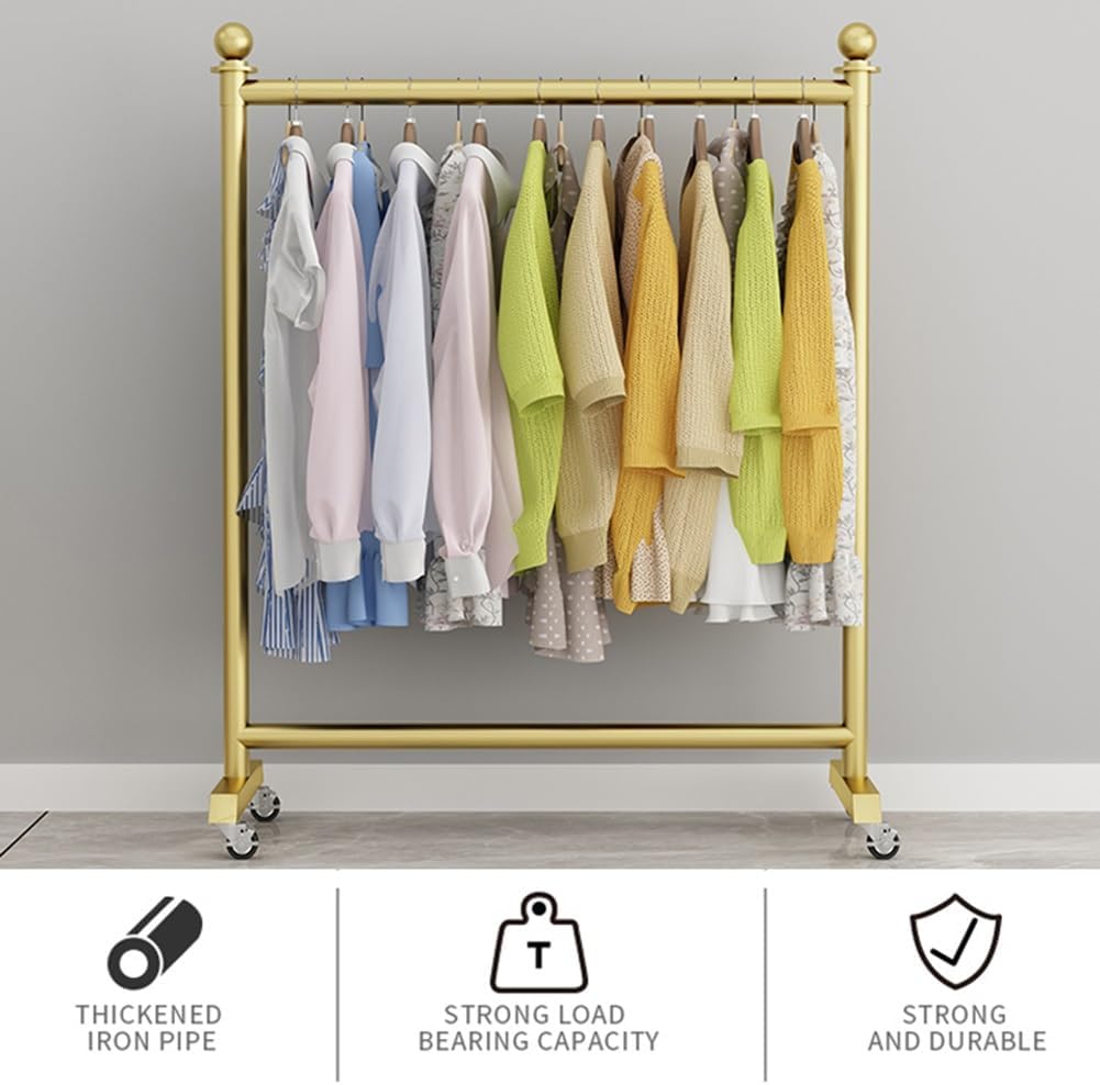 Rolling Clothes Rack on Wheels, Heavy Duty Iron Pipe Garment Rack 132lbs Load Capacity, Clothing Organizer for Hanging Clothes, Golden (Color : Gold, Size : 100x40x135cm)