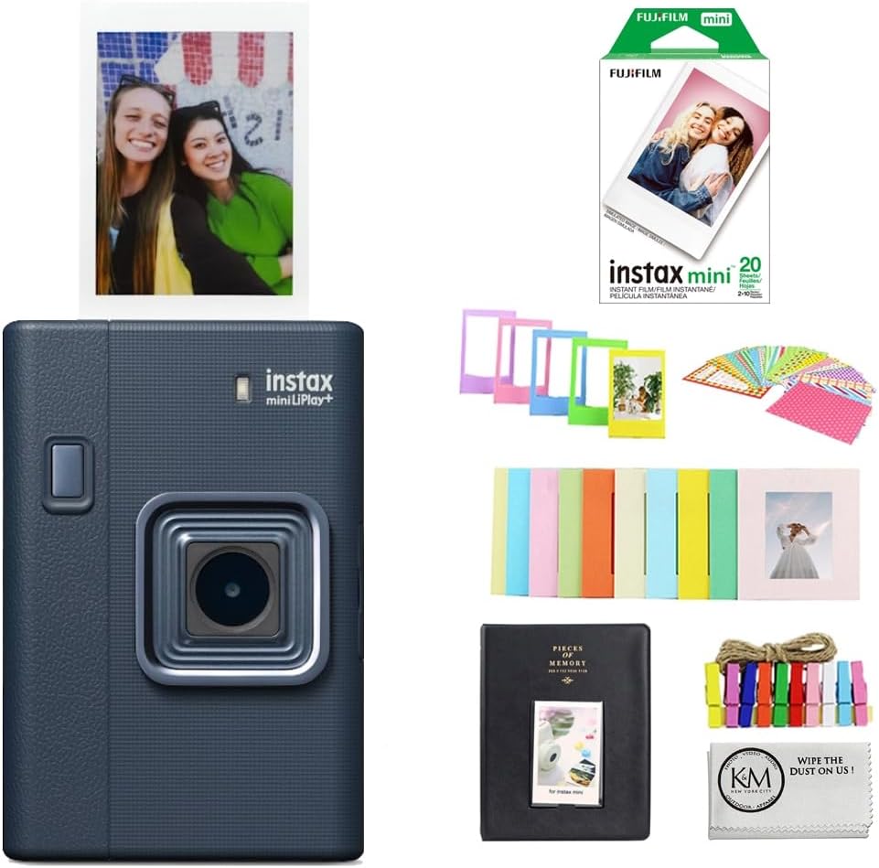 FUJIFILM instax mini LiPlay+ (Midnight Blue) Hybrid Instant Camera Bundle with 20 Exposures Instant Film + Instax Mini Album, Borders, Stickers & Clips + Microfiber Cleaning Cloth (4 Items)