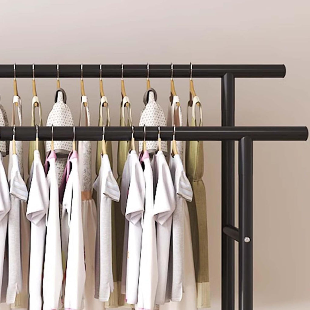 Heavy-Duty Metal Clothes Rack, Rolling Garment Rack with Sturdy Wheels & Shelves, Freestanding Double Rod Clothing Rack for Hanging, Portable Industrial Wardrobe Organizer