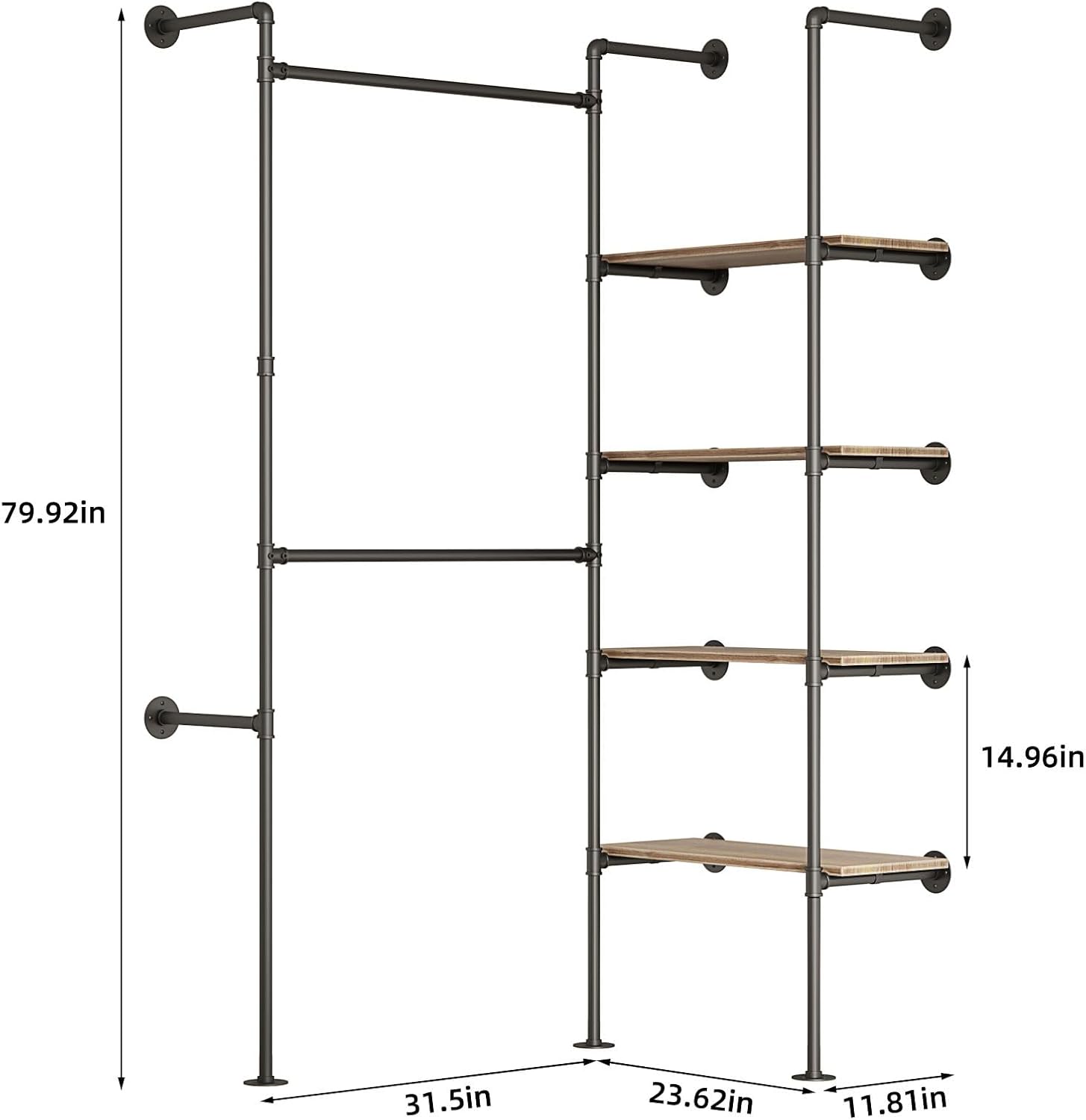 Industrial Pipe Clothing Rack, Hanging Rods Clothes Rack with Shelves, Clothes Rack for Wardrobe, Corner Closet System for Walk in Closets (Black, II-4Tier)