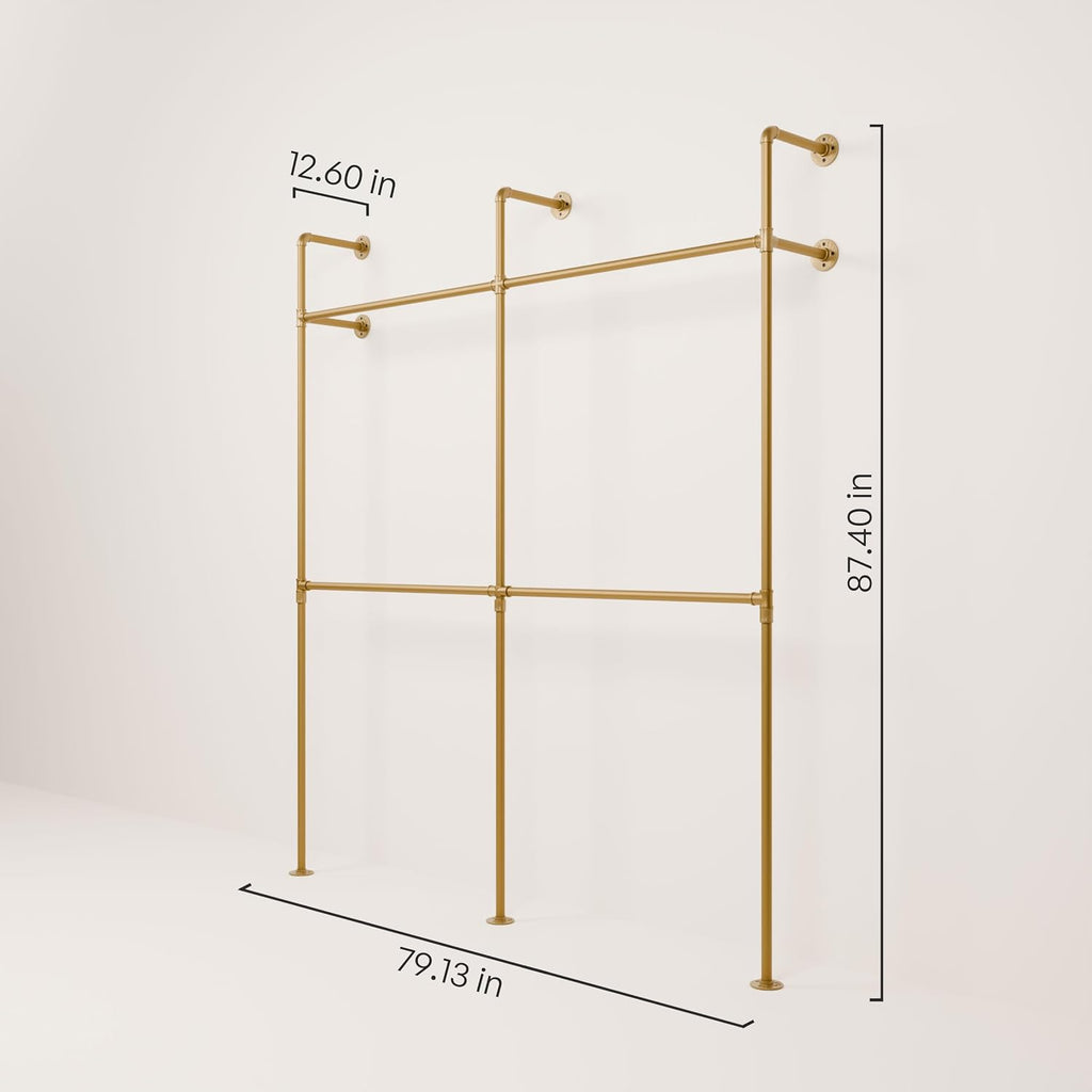 pamo Industrial Pipe Clothing Rack Gold - 794 lbs Capacity - Wall Mounted Clothes Rack and Walk In Closet for Wardrobe