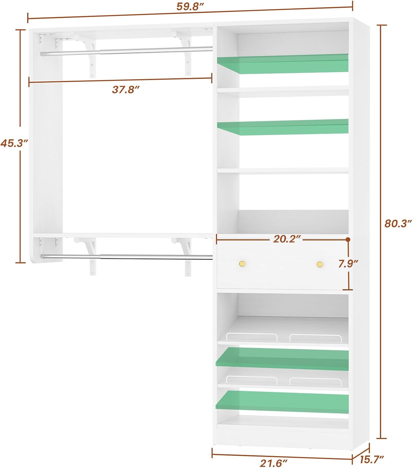 Closet System with Drawer - Reversible 5FT Wood Closet Organizer System with 2 Hanging Rods and Adjustable Shelf, Walk In Closet Organizers with Shoe Rack, Built-In Garment Rack Clothes Rack, White