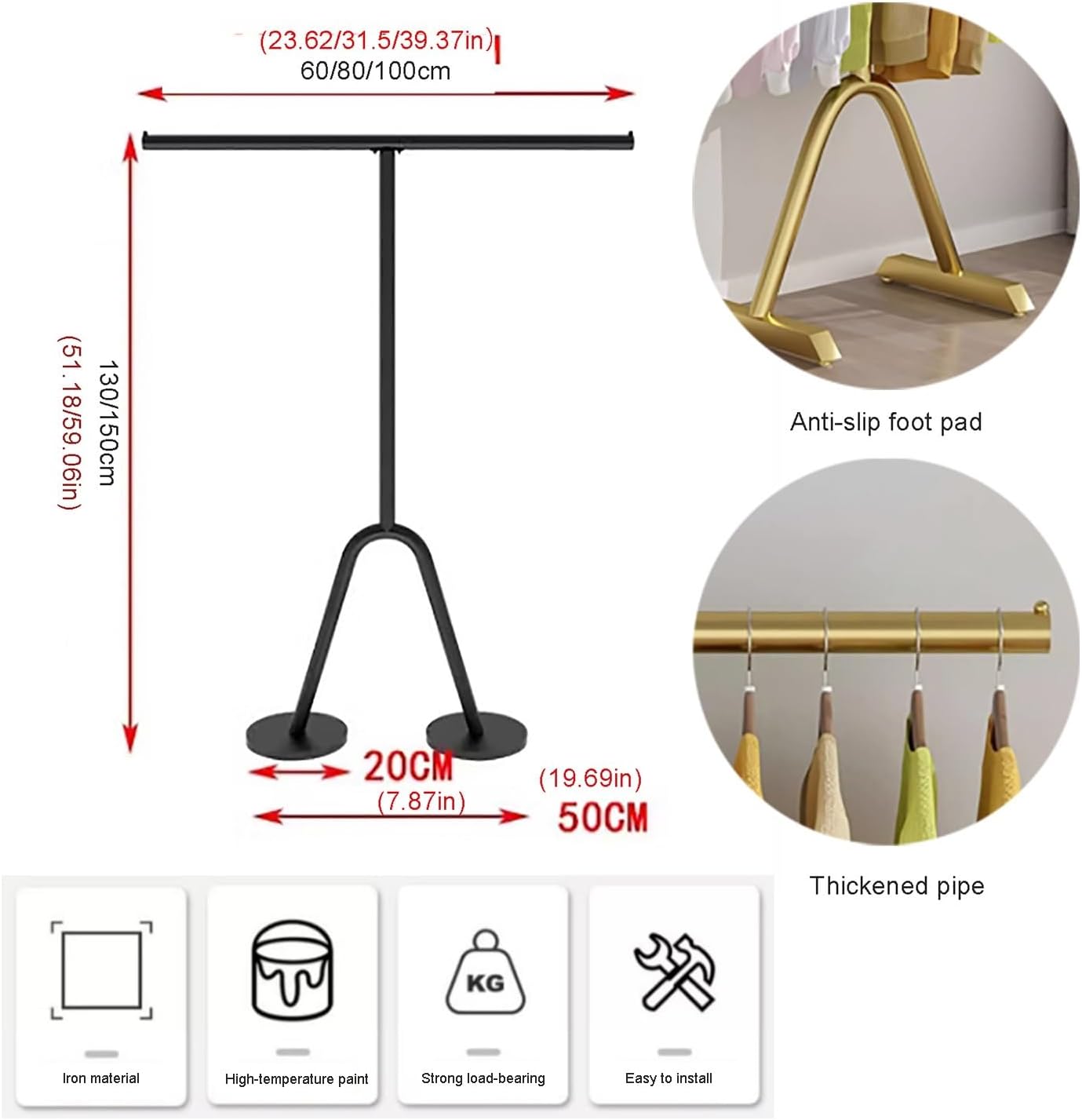 Single Pole Hanging Clothes Rod Storage Shelf,Metal Hanging Clothes Organizer,Simple Garment Rack for Retail Display Hanging Clothes(Gold,60x150cm)