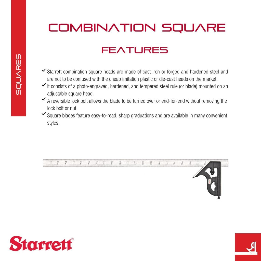 Starrett Steel Combination Square with Square Head - 24' Blade Length, Cast Iron Heads, Reversible Lock Bolt, Scriber, Spirit Level, 4R Graduation Type - 11H-24-4R