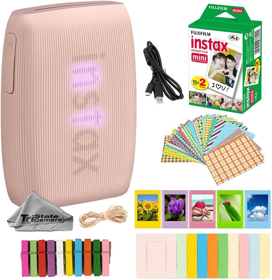 Fujifilm Instax Mini Link 3 Wireless Smartphone Photo Printer (Rose Pink) w/Mini Instant Film (20 Sheets) + Decorative Sticker Frames + Mini Desk Frame & Hang Clips -Bundle