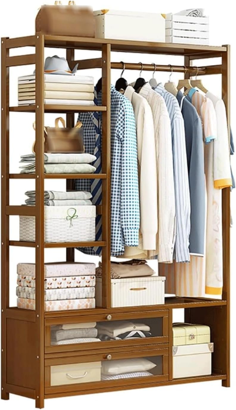 Bamboo Clothes Rack Storage Shelves w/2 Drawers Free Standing Garment Rack w/Side Hooks & Pants Rack Heavy Duty Clothing Hanging Rack for Hall