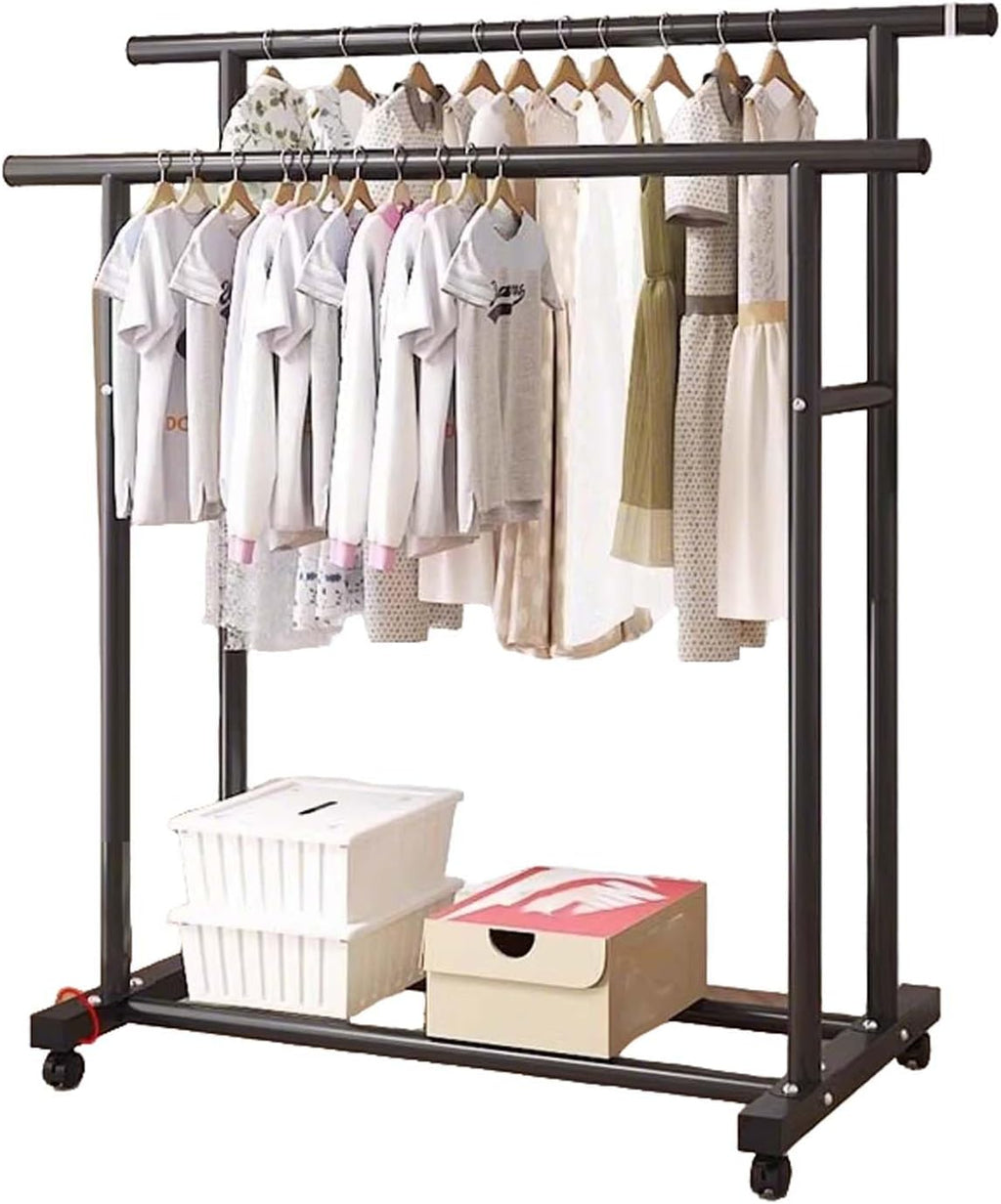 Heavy-Duty Metal Clothes Rack, Rolling Garment Rack with Sturdy Wheels & Shelves, Freestanding Double Rod Clothing Rack for Hanging, Portable Industrial Wardrobe Organizer