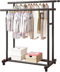 Heavy-Duty Metal Clothes Rack, Rolling Garment Rack with Sturdy Wheels & Shelves, Freestanding Double Rod Clothing Rack for Hanging, Portable Industrial Wardrobe Organizer